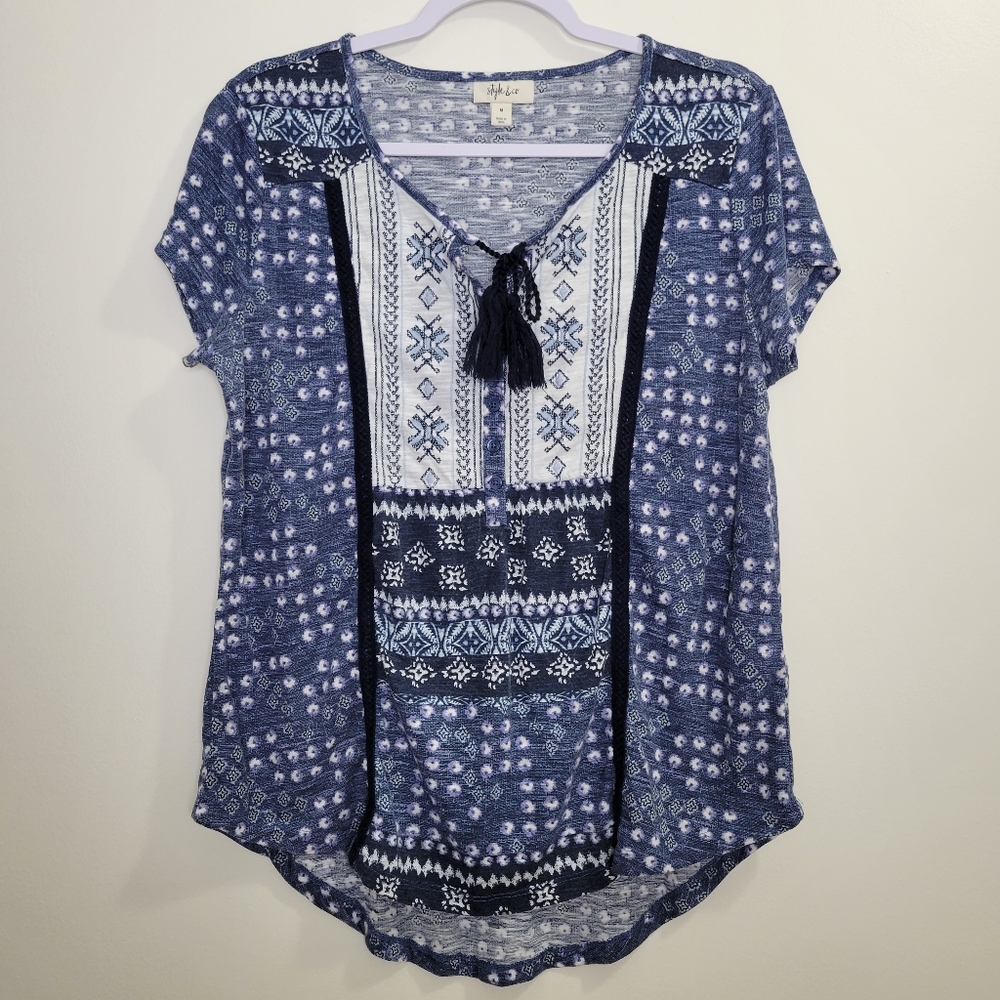 Style&co Bohemian Abstract Embroidered Mixed-Media Blue Top M
